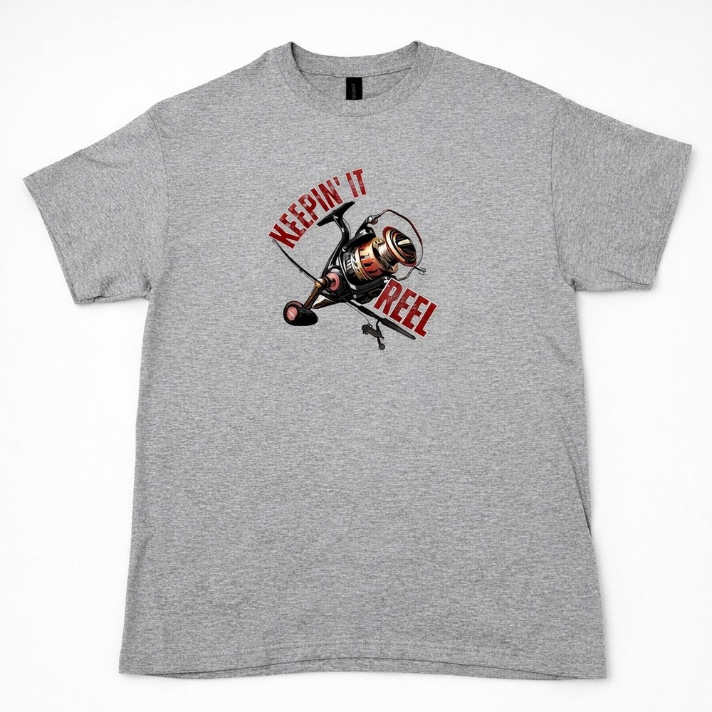 Gildan Keepin It Reel Fishing Reel Graphic T Shirt Men's Medium Grey Cotton - Picture 3 of 6